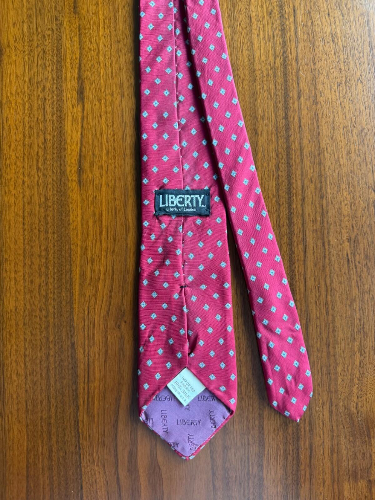 Liberty of London Red Silk Tie with Blue Diamond Medallion Pattern