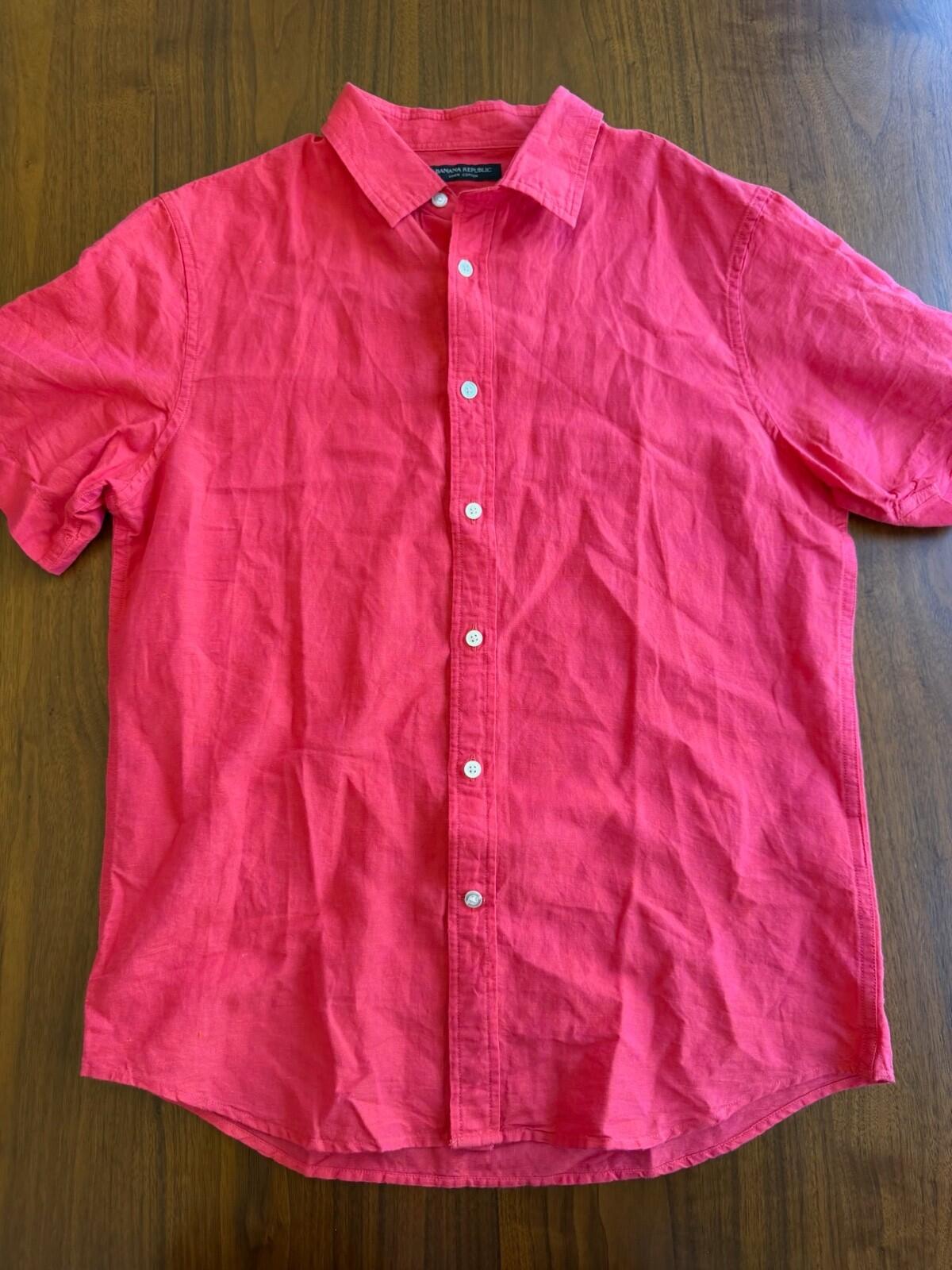 Banana Republic Slim Fit Linen Cotton Short Sleeve Shirt Raspberry Pink Size M