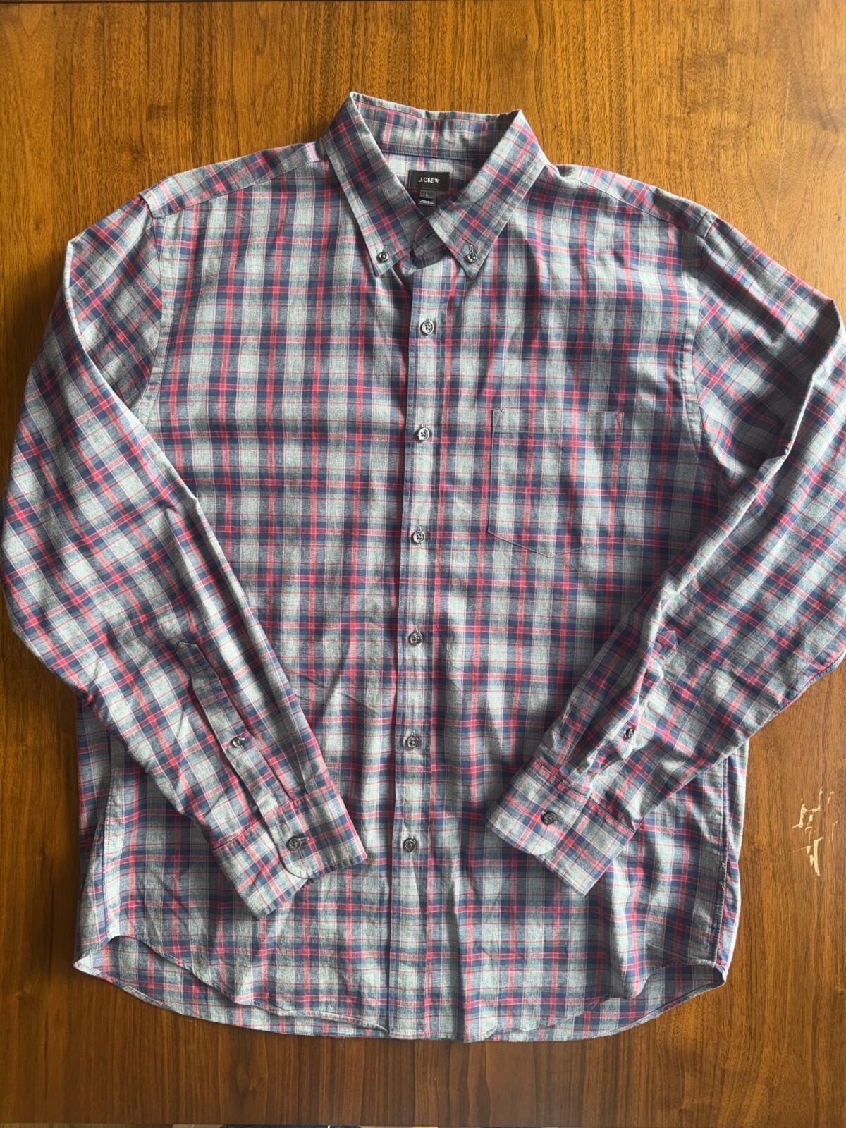 J.Crew Men's Brushed Cotton Grey Plaid Button-Up - Size L
