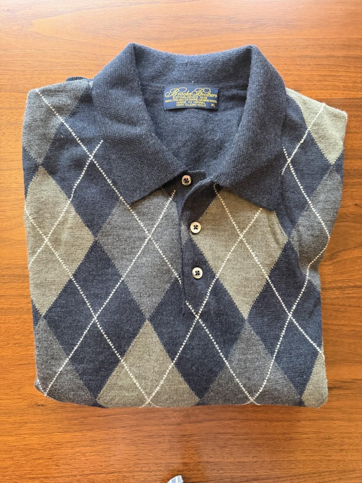 Brooks Brothers Men's Blue Argyle 100% Merino Wool Polo Sweater - Size XL
