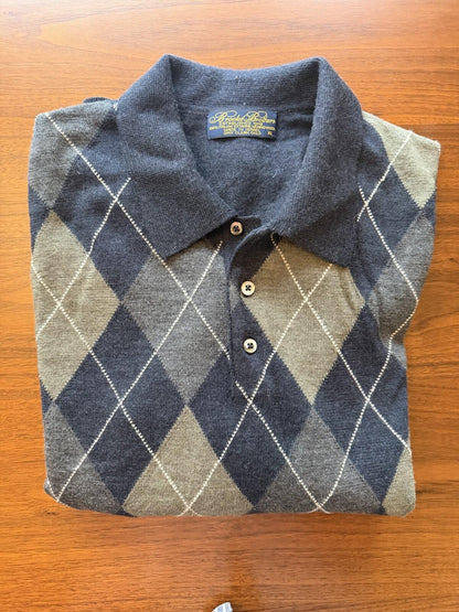 Brooks Brothers Men's Blue Argyle 100% Merino Wool Polo Sweater - Size XL