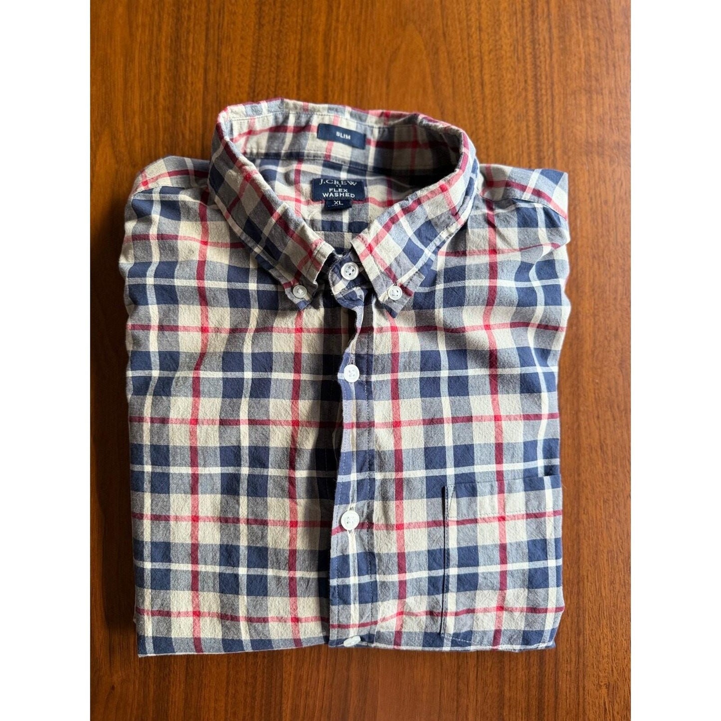 J.Crew Men's Slim Fit Navy & Tan Plaid Long Sleeve Button Down Shirt - Size XL