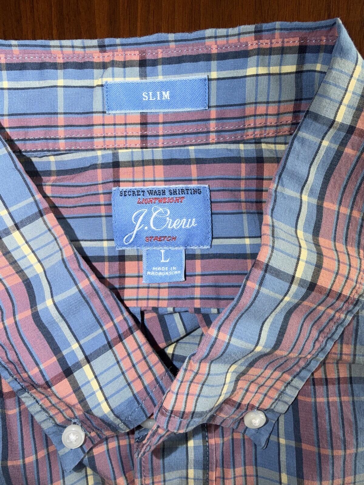 J.Crew Men's Secret Wash Lightweight Stretch Pink Plaid Button-Down - Size L