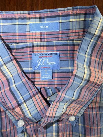 J.Crew Men's Secret Wash Lightweight Stretch Pink Plaid Button-Down - Size L