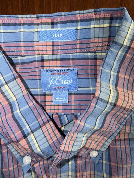 J.Crew Men's Secret Wash Lightweight Stretch Pink Plaid Button-Down - Size L
