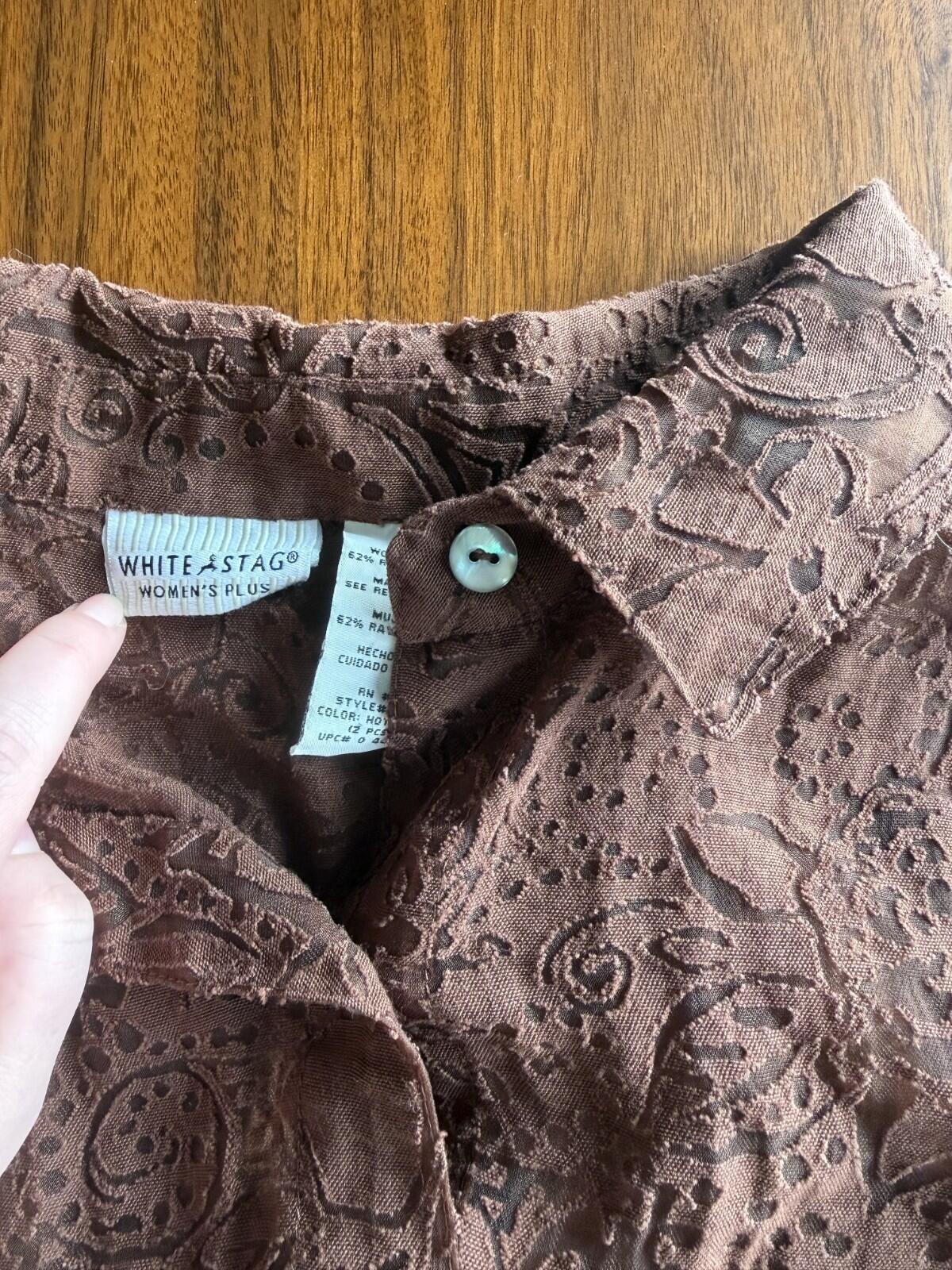 White Stag Women's Brown Textured Burnout 3/4 Sleeve Blouse - 18W