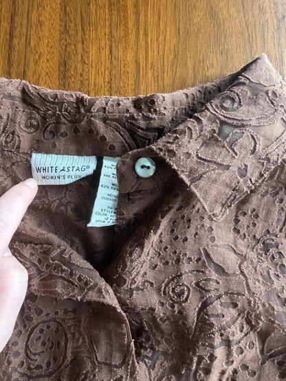 White Stag Women's Brown Textured Burnout 3/4 Sleeve Blouse - 18W