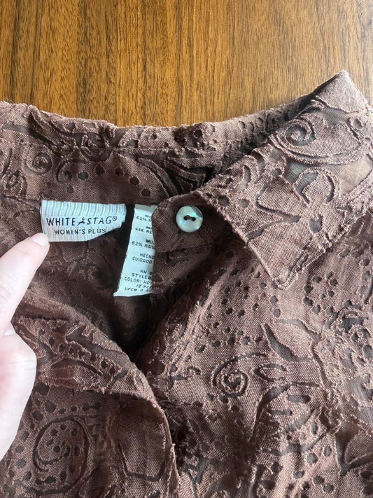 White Stag Women's Brown Textured Burnout 3/4 Sleeve Blouse - 18W