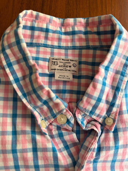 J.Crew Men's Large Short Sleeve Button-Down Shirt Pink & Blue Plaid L