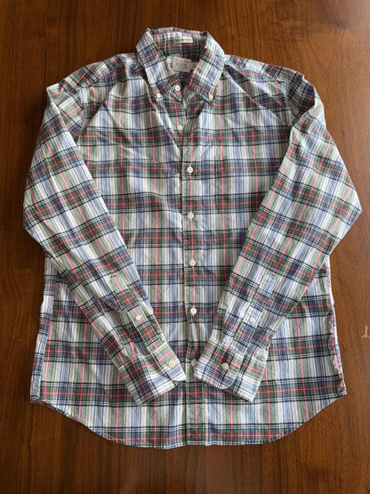 J.Crew Men's Secret Wash Slim Untucked Green/Navy/Red Plaid - Size M