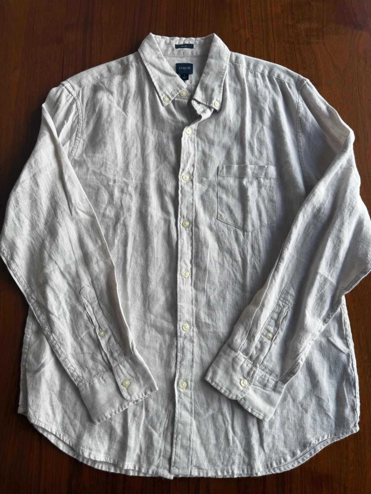 J.Crew Slim Fit Grey Linen-Cotton Micro-Check Button Down Shirt - Size L
