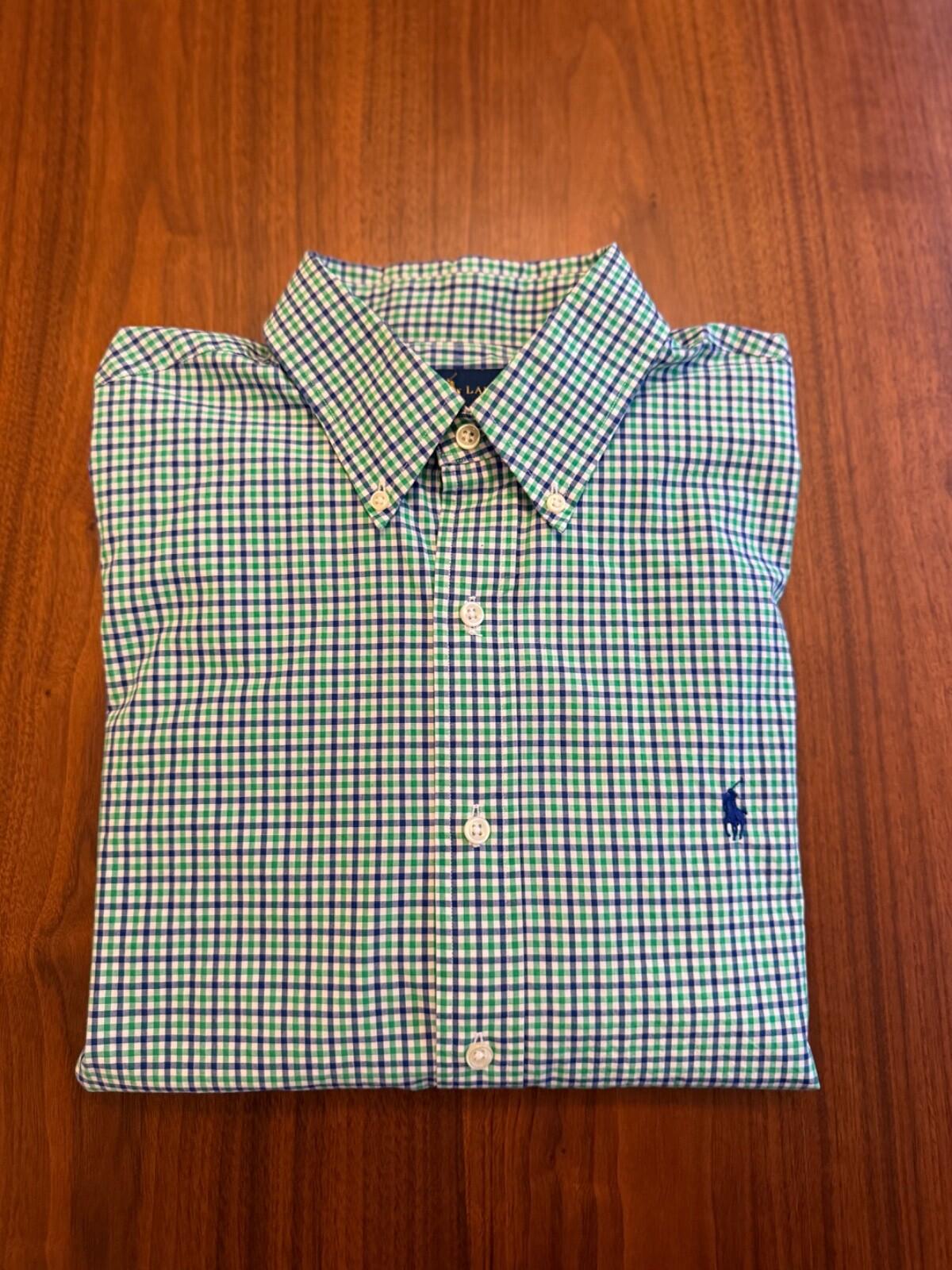 Polo Ralph Lauren Men's Green and Blue Plaid Button Down Shirt - Size Large