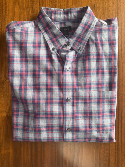 J.Crew Men's Brushed Cotton Grey Plaid Button-Up - Size L