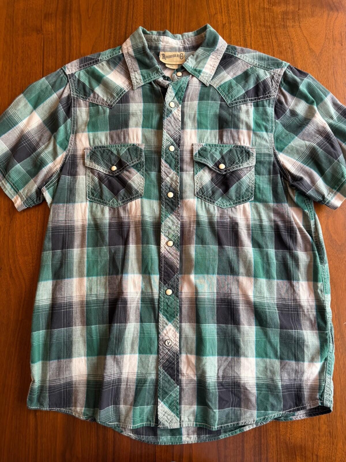 Roebuck & Co Green Plaid Pearl Snap Short Sleeve Western Shirt - Size M
