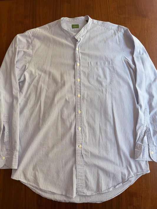 Sid Mashburn Men's Blue and White Seersucker Band Collar Sport Shirt Size L