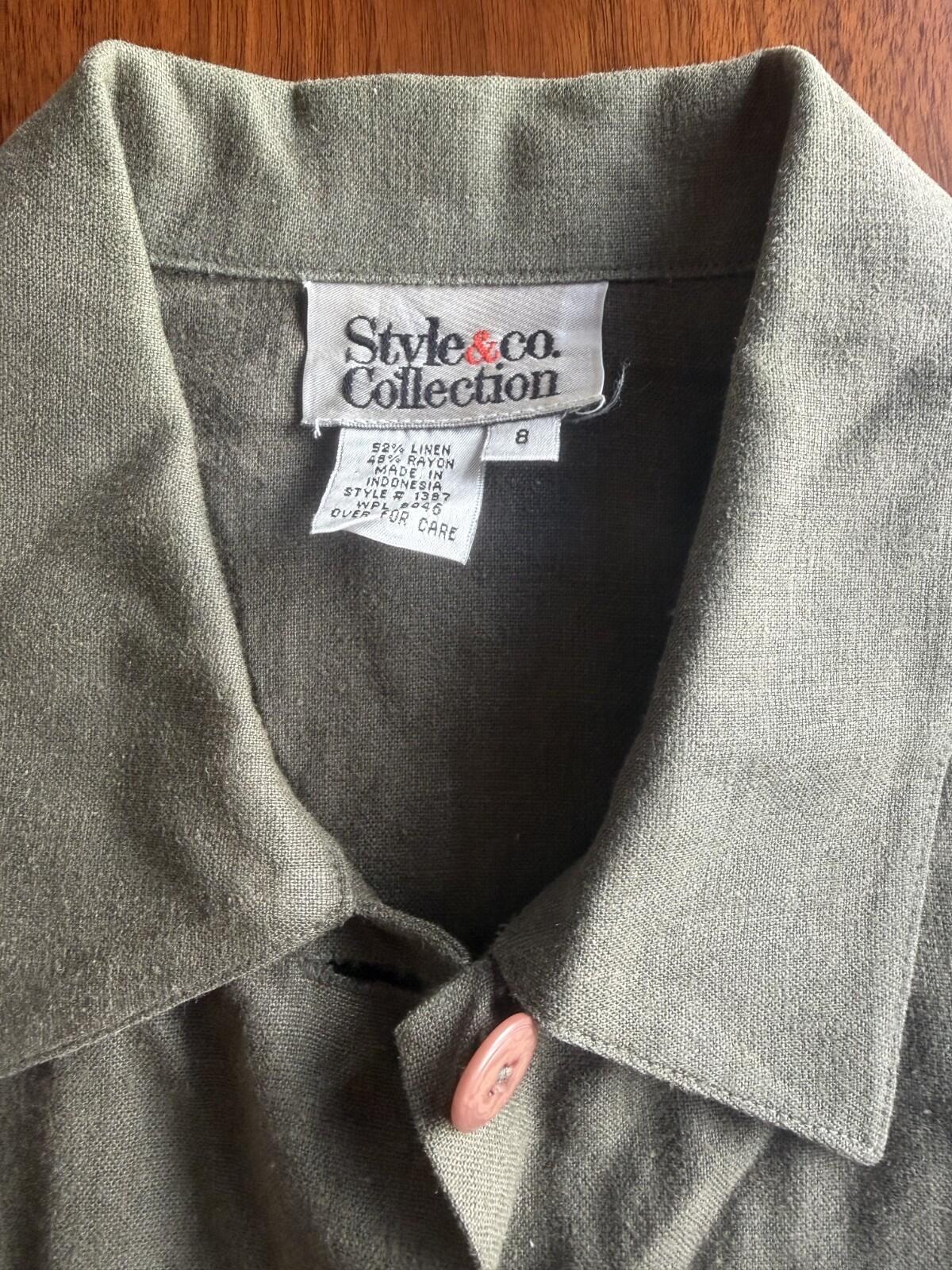 Style & Co Collection Women's Olive Green Linen Blend Button Down - Size 8