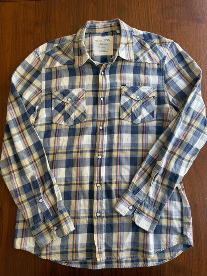 GUESS Men's Slim Fit Plaid Pearl Snap Blue & Yellow Western Shirt - Size L