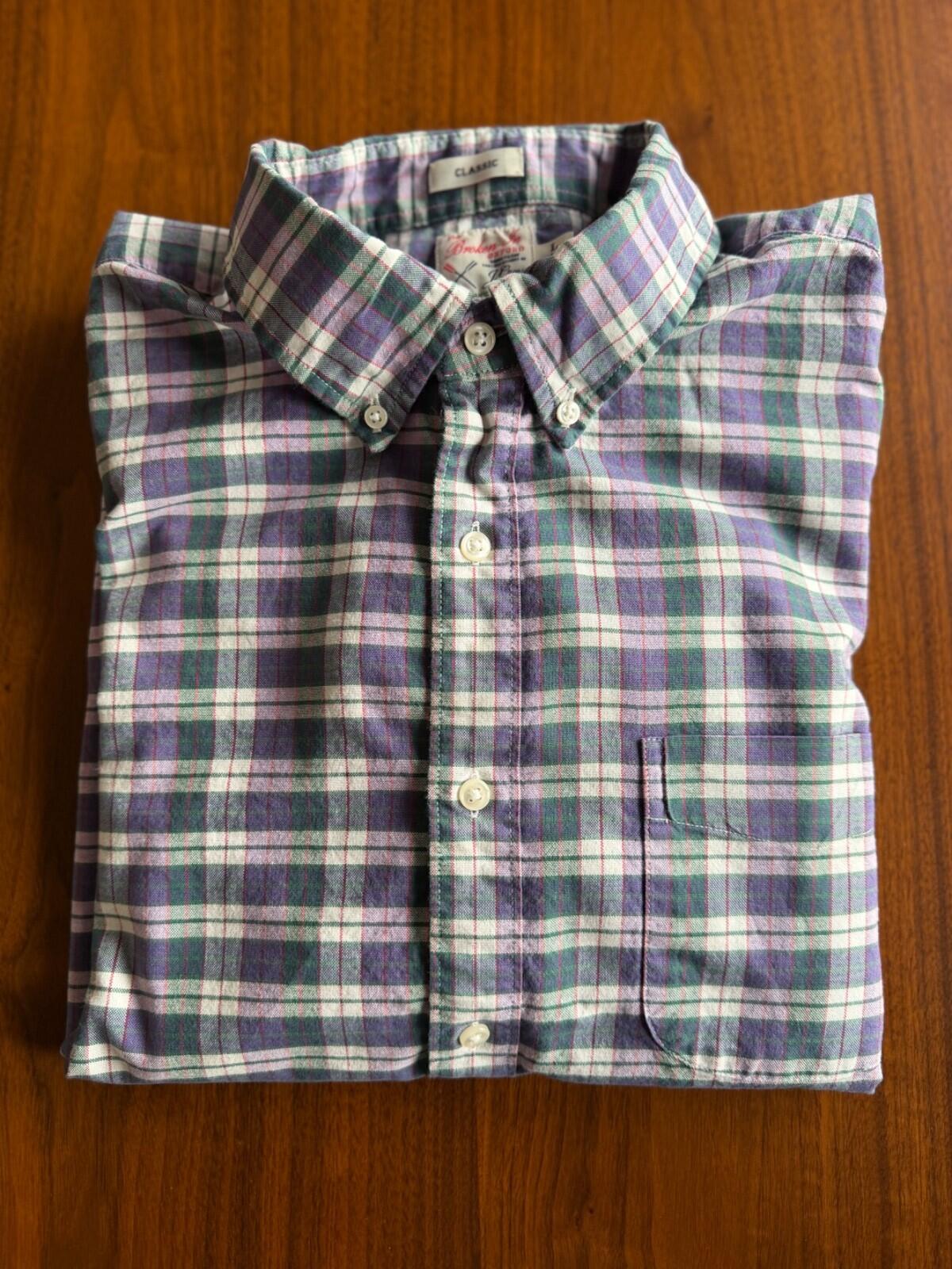 J.Crew Men's Broken-in Cotton Oxford Purple & Green Plaid Shirt - Size L