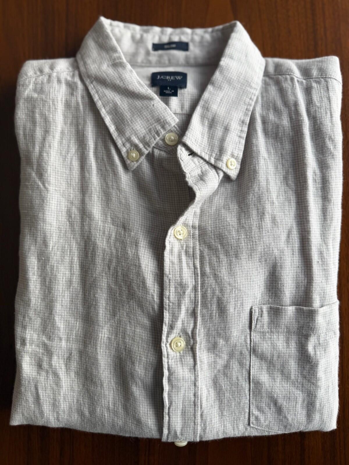 J.Crew Slim Fit Grey Linen-Cotton Micro-Check Button Down Shirt - Size L