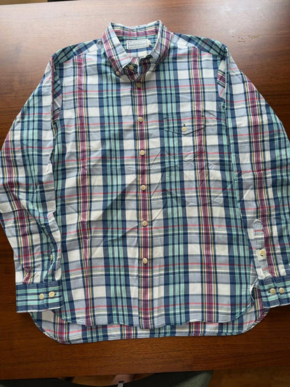 Guideboat Co. Men's Indigo Bleeder Madras Plaid Button-Down Shirt - Size L