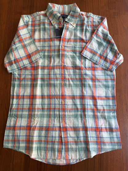 Lands' End Men's Traditional Fit Short Sleeve Green Plaid Button-Down - Size S