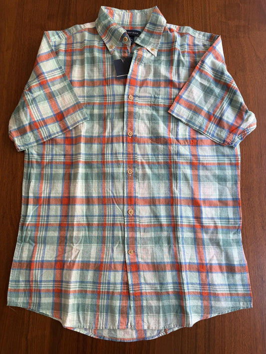 Lands' End Men's Traditional Fit Short Sleeve Green Plaid Button-Down - Size S