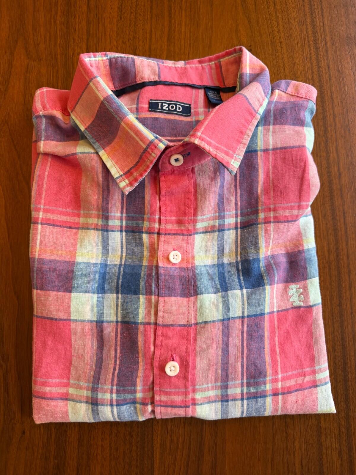 IZOD Men's Pink & Blue Plaid Madras Short Sleeve Button Down Shirt - Size XL