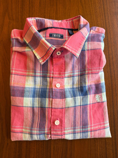 IZOD Men's Pink & Blue Plaid Madras Short Sleeve Button Down Shirt - Size XL
