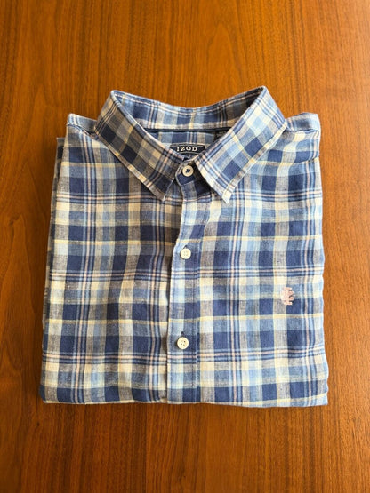 IZOD Relaxed Fit Men's Linen Blend Blue Plaid Short Sleeve Button Down - Size XL